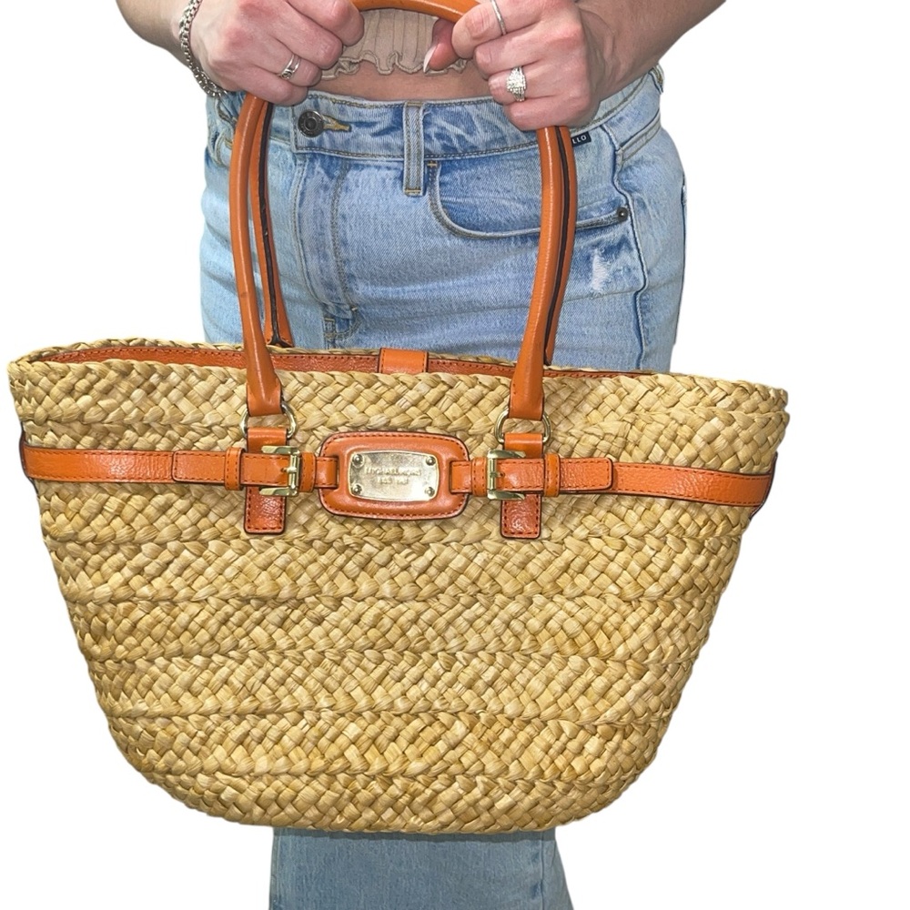 Auth NEW Michael Kors straw wicker Raffia Reed straw Tote Bag burnt Orange Tan - Picture 12 of 13